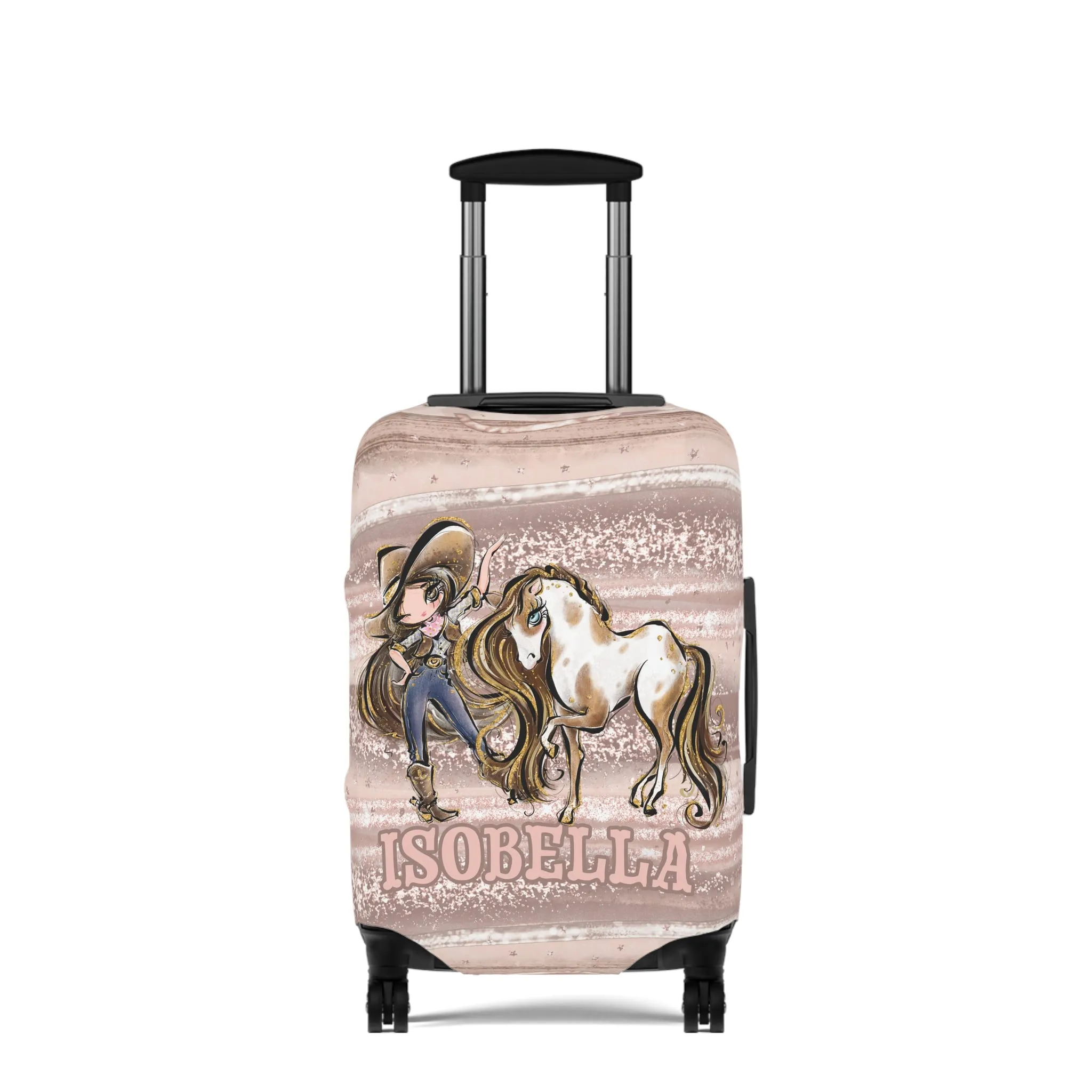 Luggage Cover, Howdy Cowgirl and Horse, Brunette Hair Brown Eyes