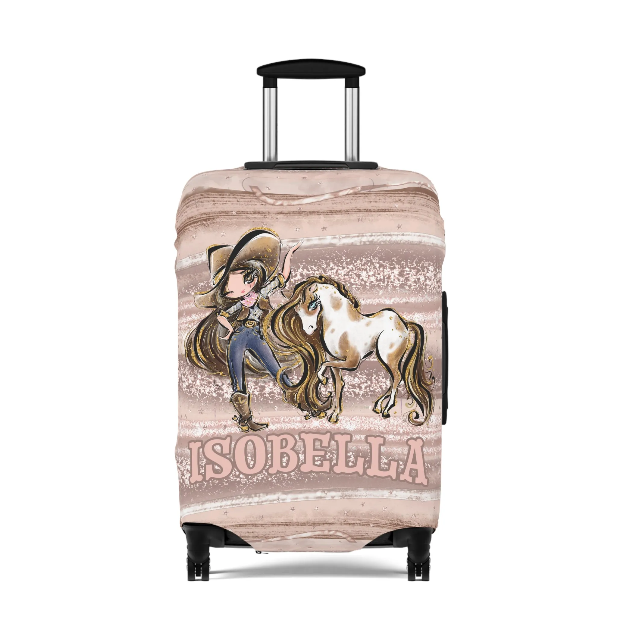 Luggage Cover, Howdy Cowgirl and Horse, Brunette Hair Brown Eyes