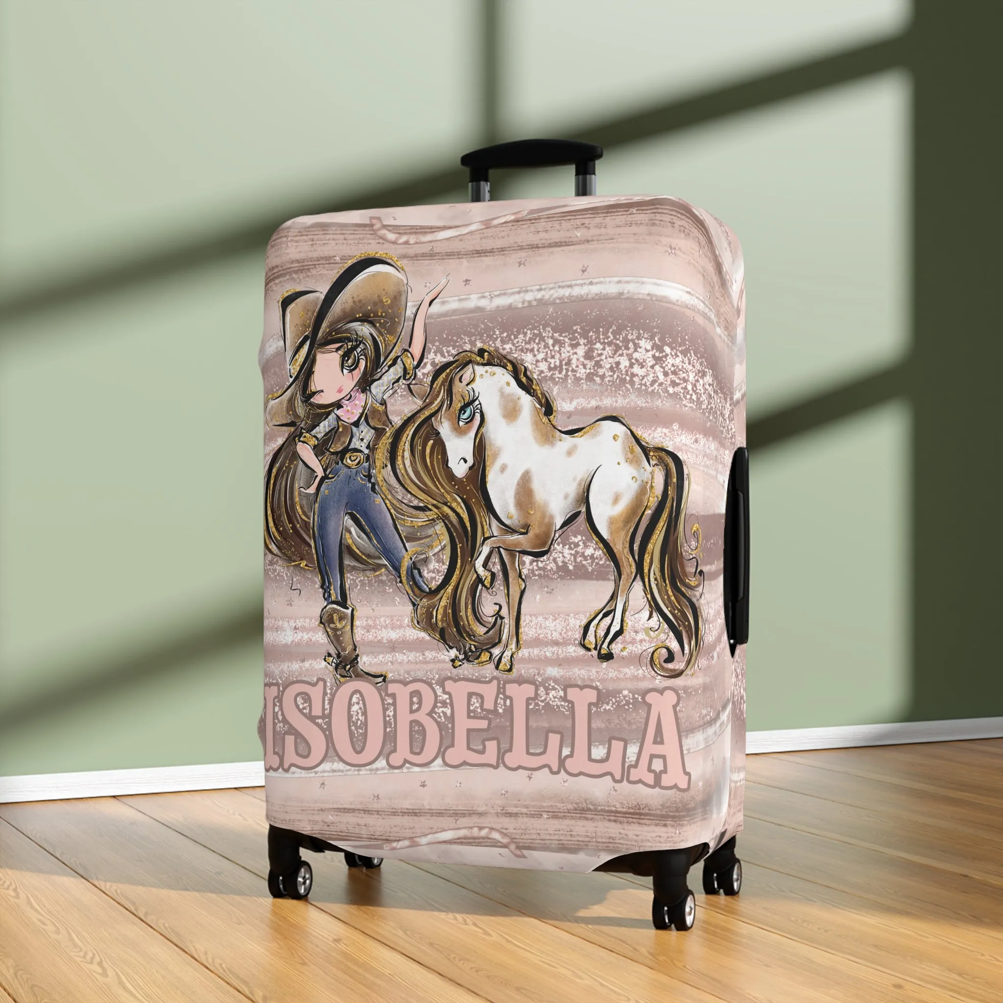 Luggage Cover, Howdy Cowgirl and Horse, Brunette Hair Brown Eyes