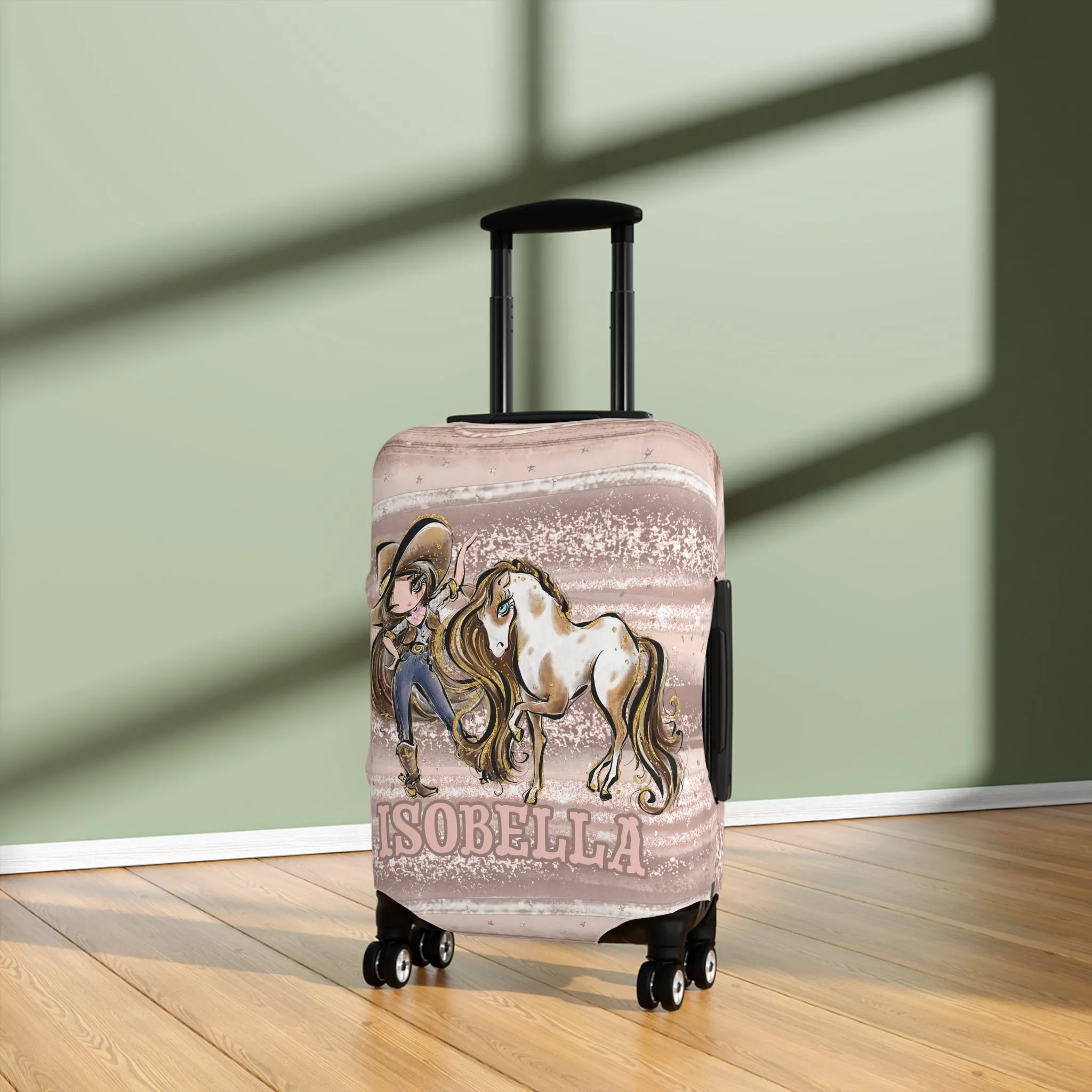 Luggage Cover, Howdy Cowgirl and Horse, Brunette Hair Brown Eyes