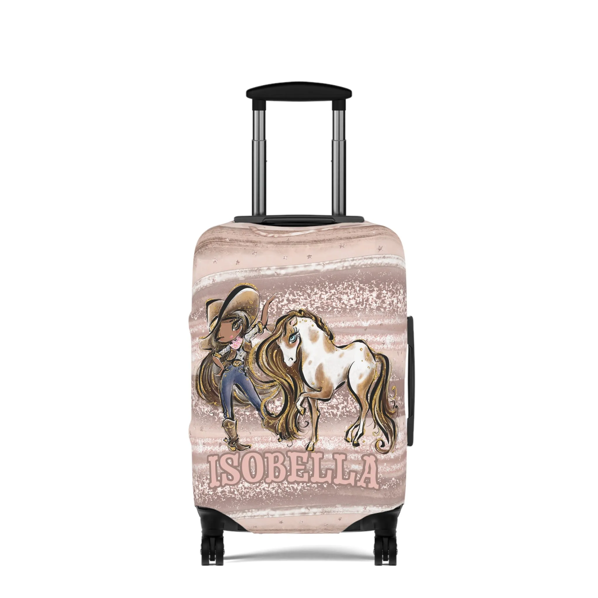 Luggage Cover, Howdy Cowgirl and Horse, Brunette Hair Olive Skin Brown Eyes