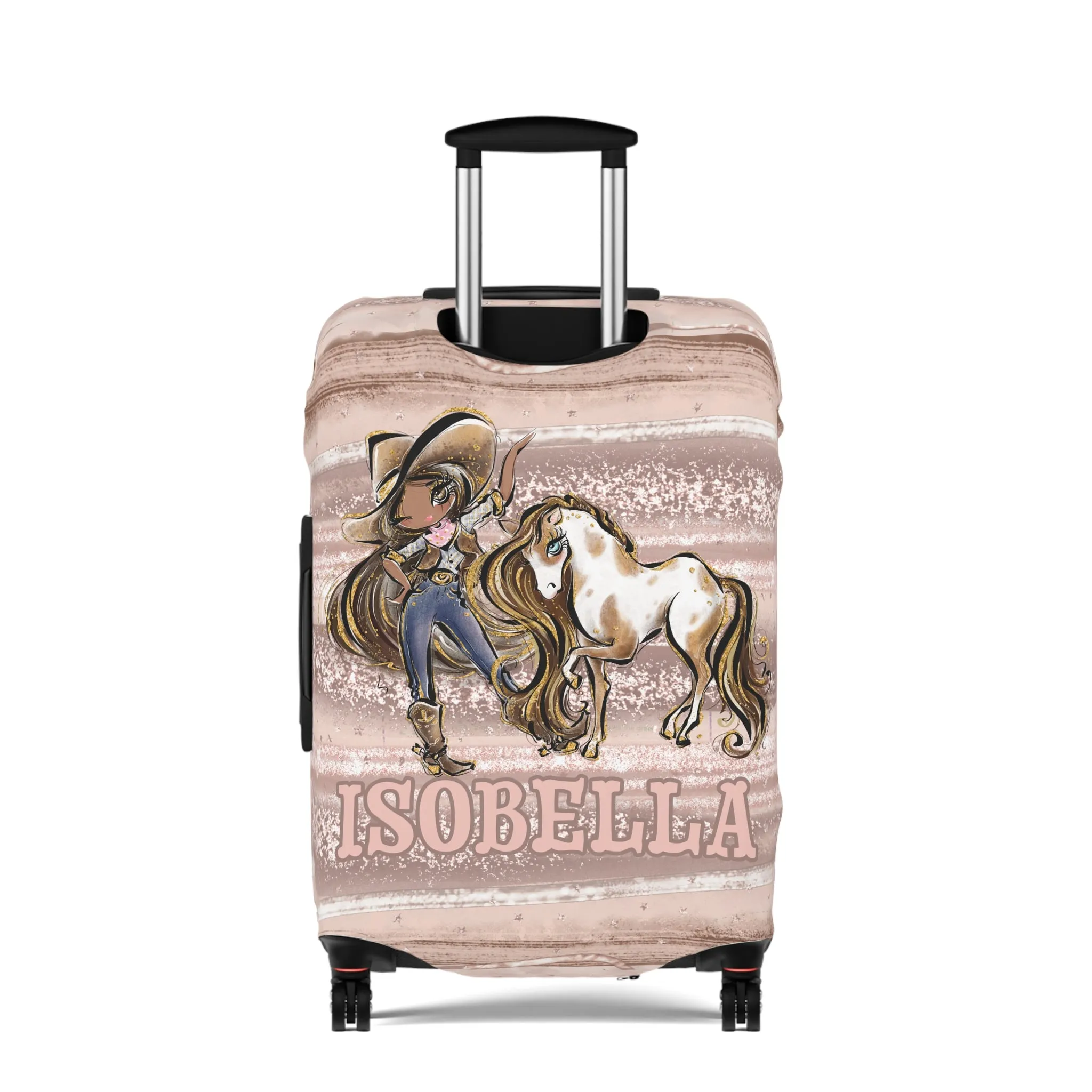 Luggage Cover, Howdy Cowgirl and Horse, Brunette Hair Olive Skin Brown Eyes