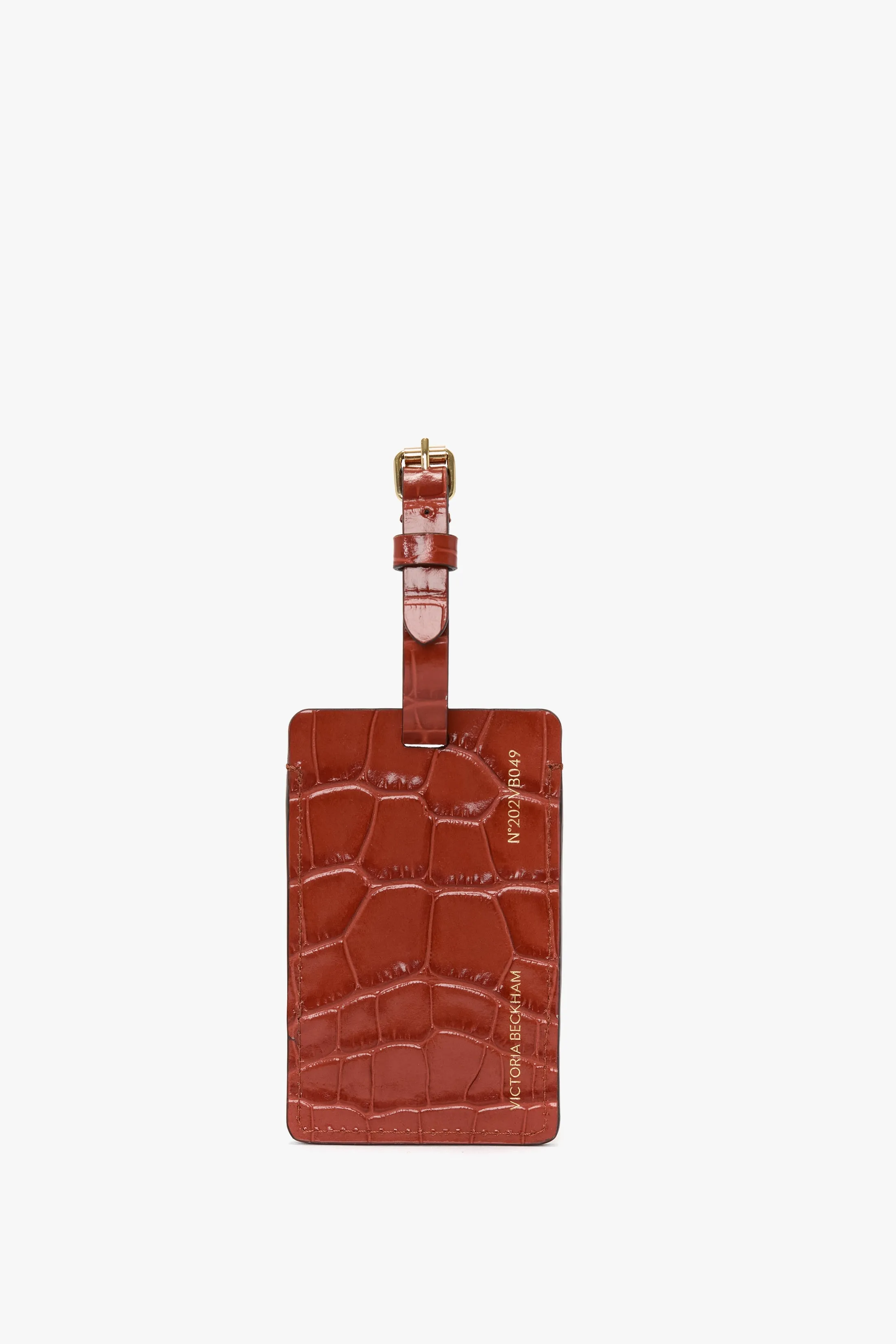 Luggage Tag In Brick Red Croc Embossed Leather