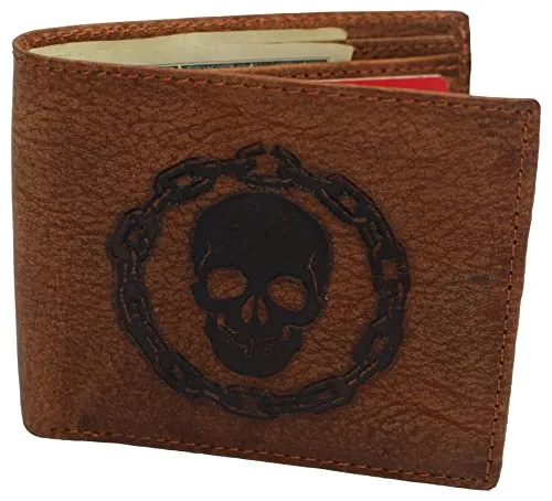 Men's RFID Blocking Genuine Leather Skull Chain Bifold Classic Wallet