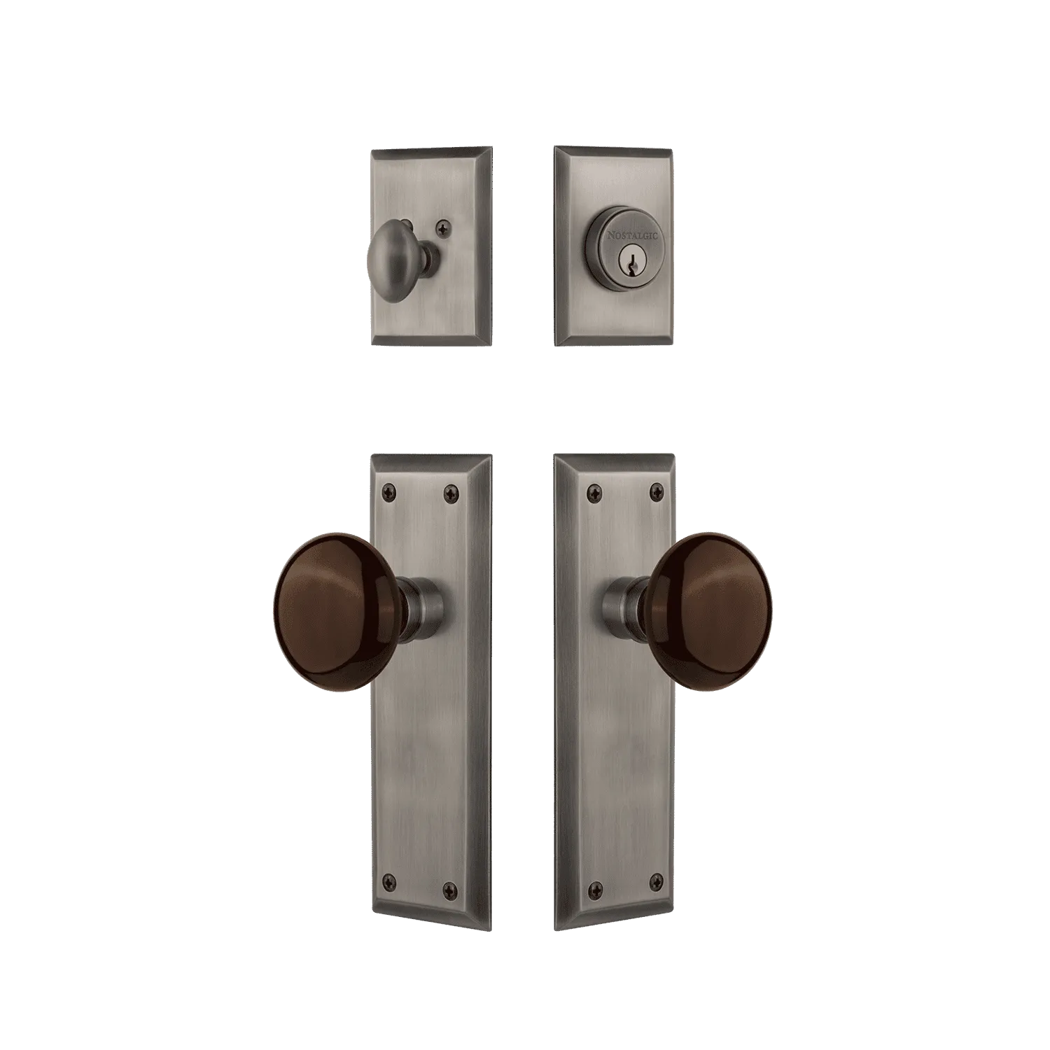 New York Entry Set with Brown Porcelain Knob in Antique Pewter