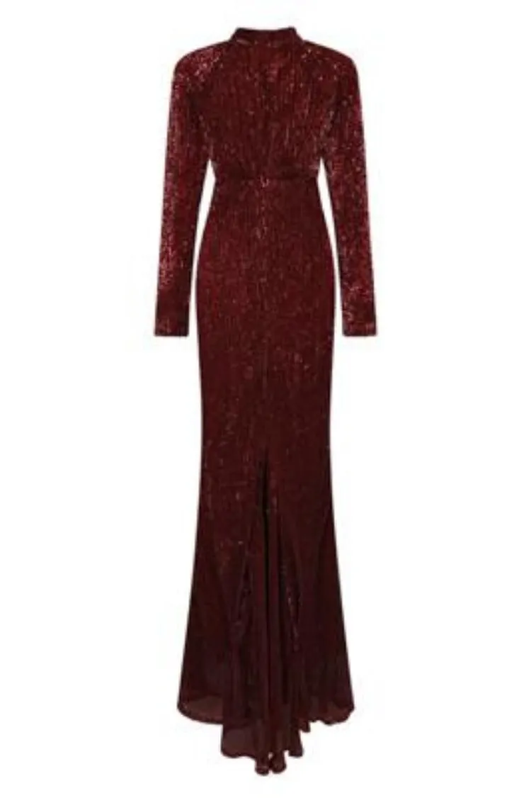 Salma Luxe Berry Keyhole Glistening Sequin Fishtail Maxi Dress