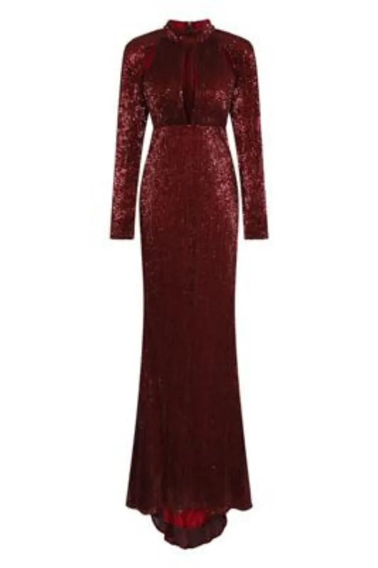 Salma Luxe Berry Keyhole Glistening Sequin Fishtail Maxi Dress