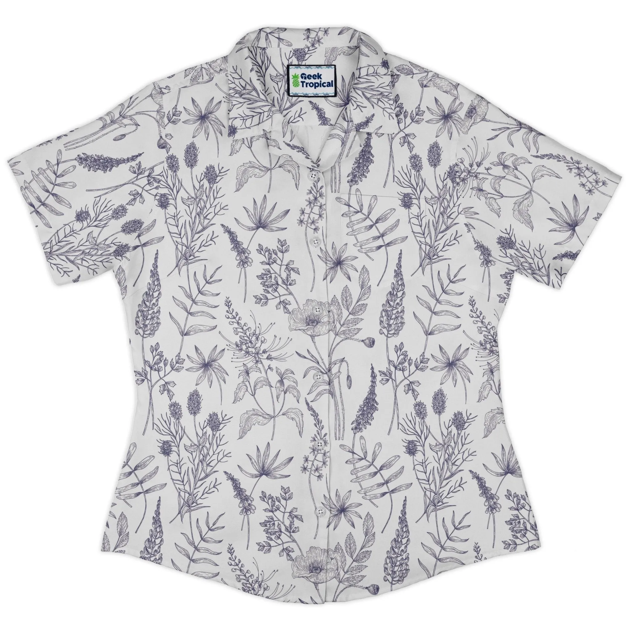 Simple Botany Flowers Herbs White Blue Curvy Button Up Shirt