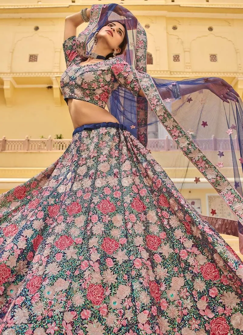 Soft Net Stone And Sequins Work Lehenga In Navy Blue