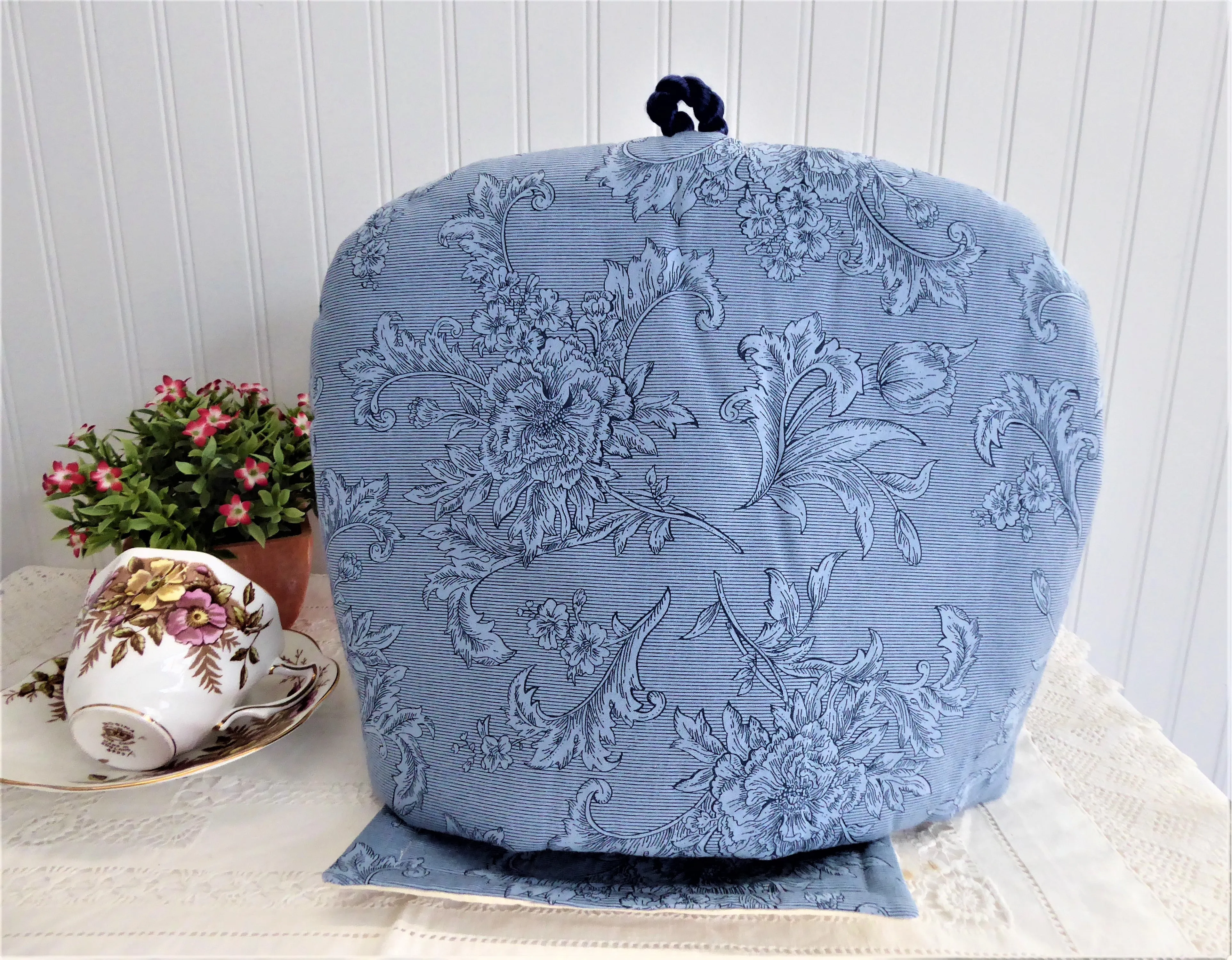 Tea Cozy Set Blue On Blue Floral Padded US Hand Made With Trivet Mug Mat 1999