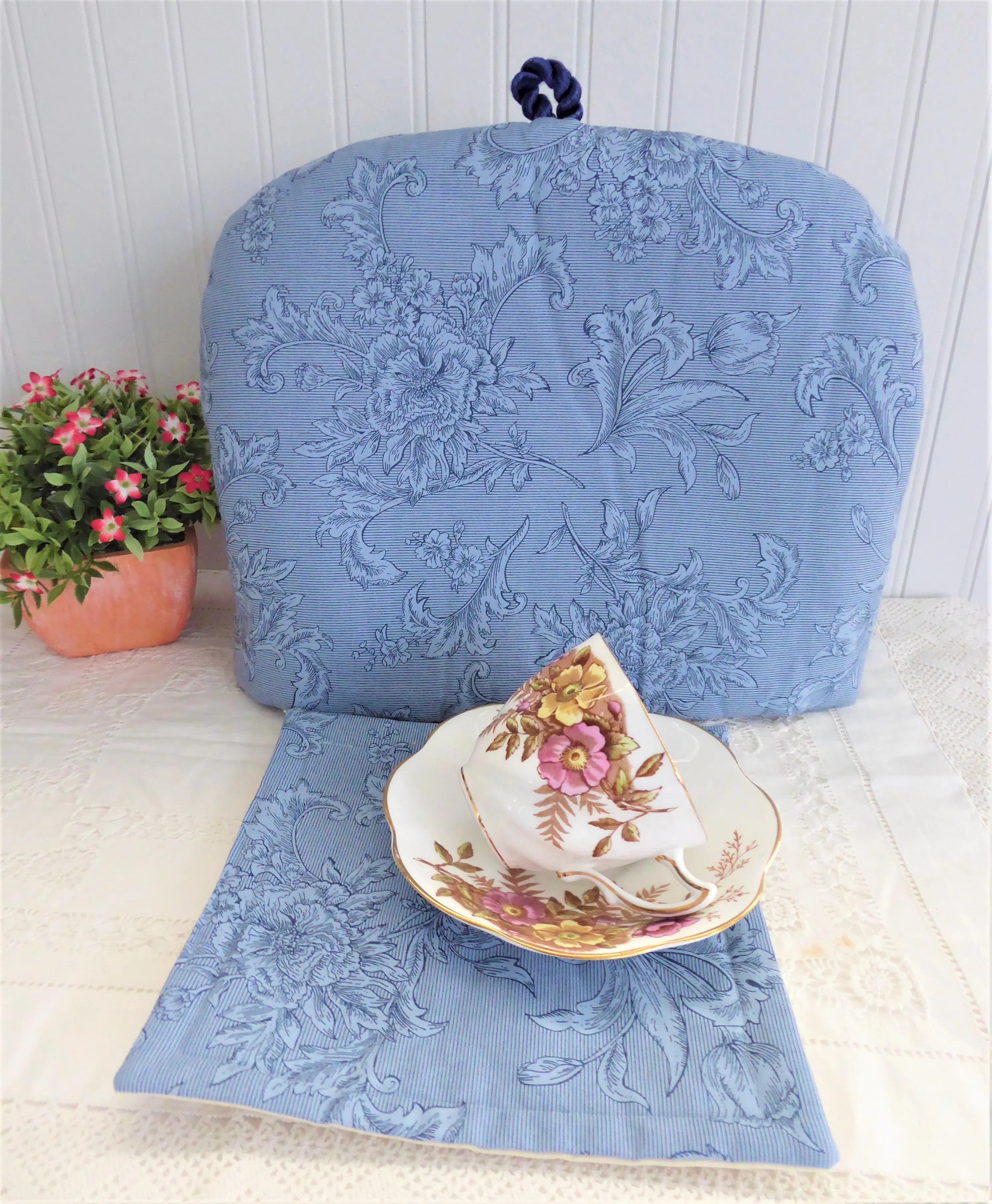 Tea Cozy Set Blue On Blue Floral Padded US Hand Made With Trivet Mug Mat 1999