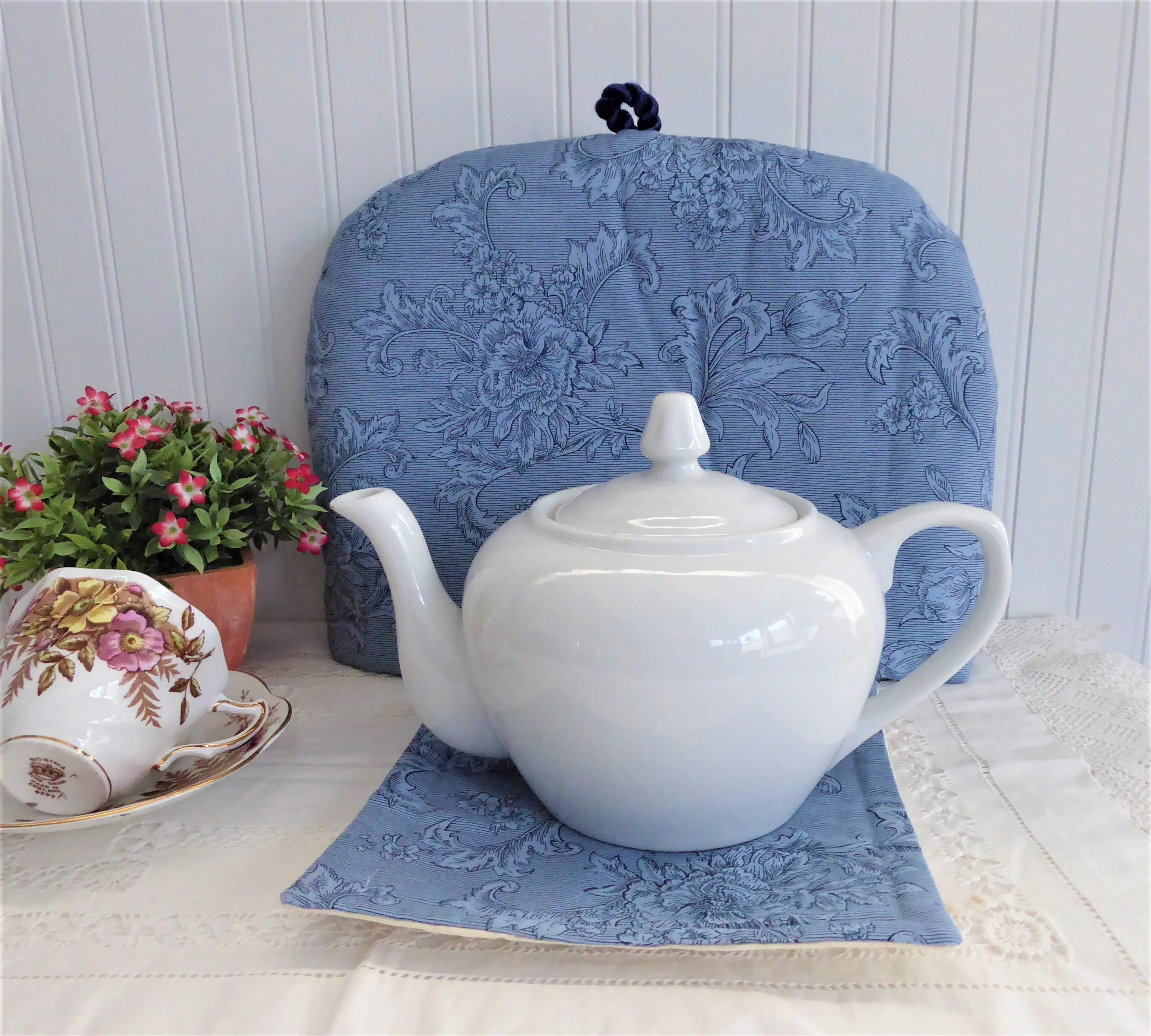 Tea Cozy Set Blue On Blue Floral Padded US Hand Made With Trivet Mug Mat 1999