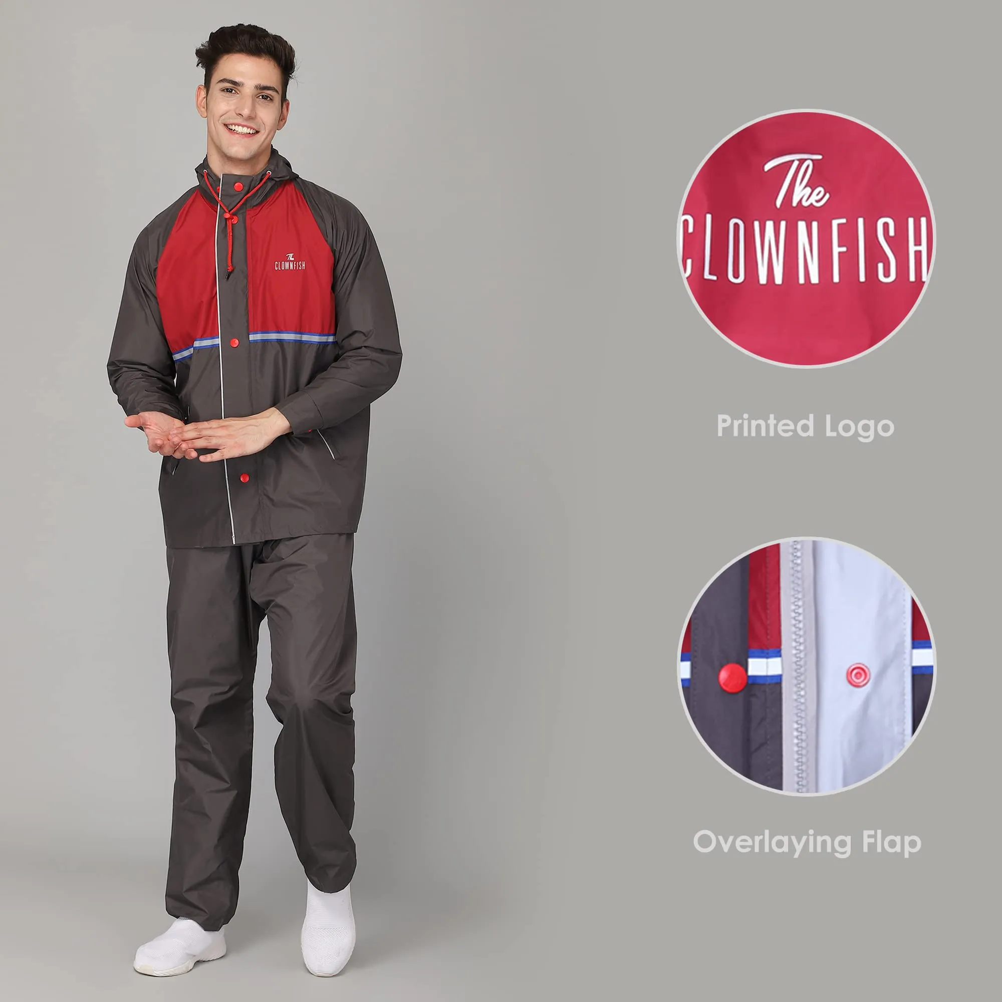 THE CLOWNFISH Christopher Men's Waterproof Polyester Double Coating Reversible Raincoat with Hood. Set of Top and Bottom. Printed Plastic Pouch with Rope (Grey, X-Large)