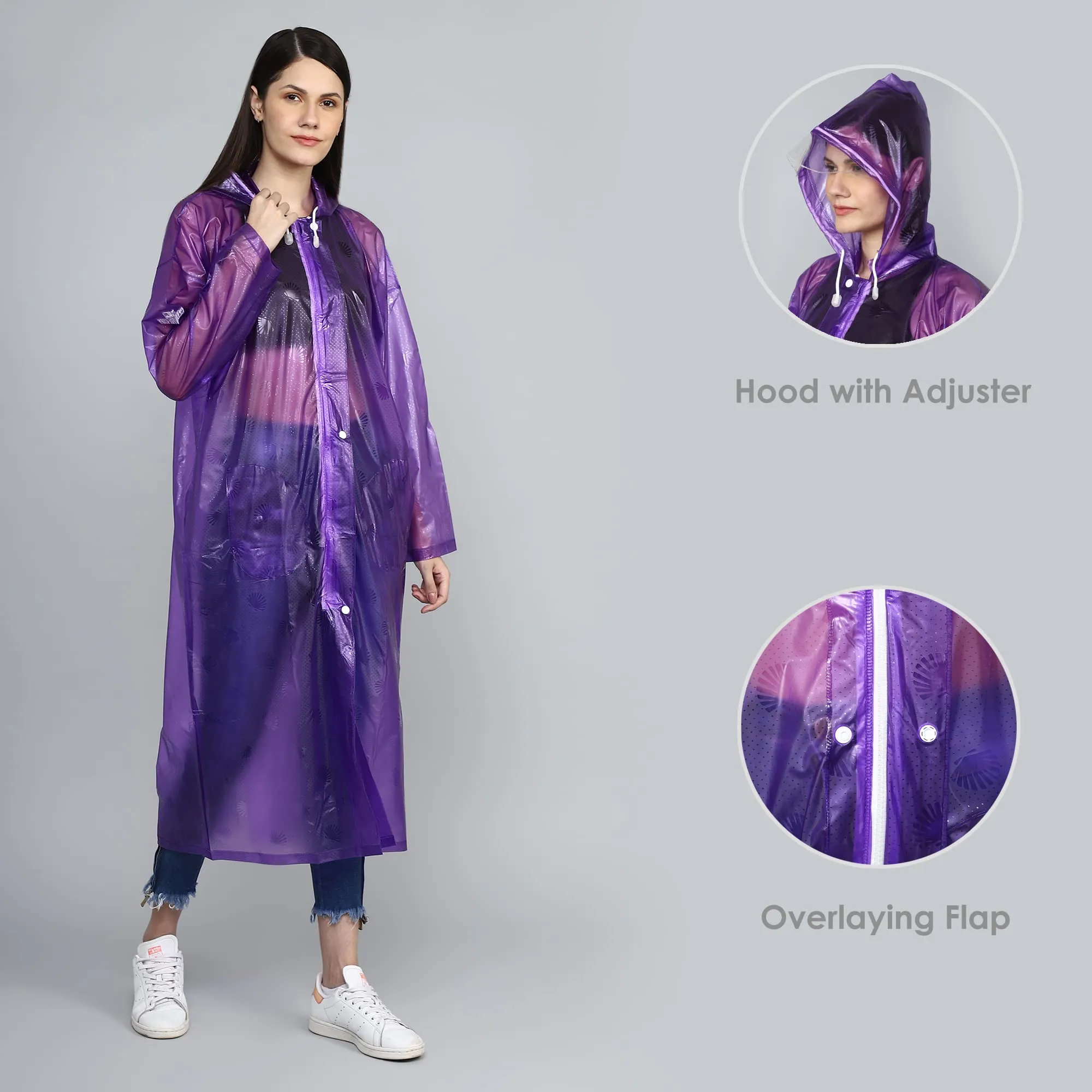 THE CLOWNFISH Cindrella Series Womens Waterproof PVC Self Design Longcoat/Raincoat with Adjustable Hood (Purple, XX-Large)