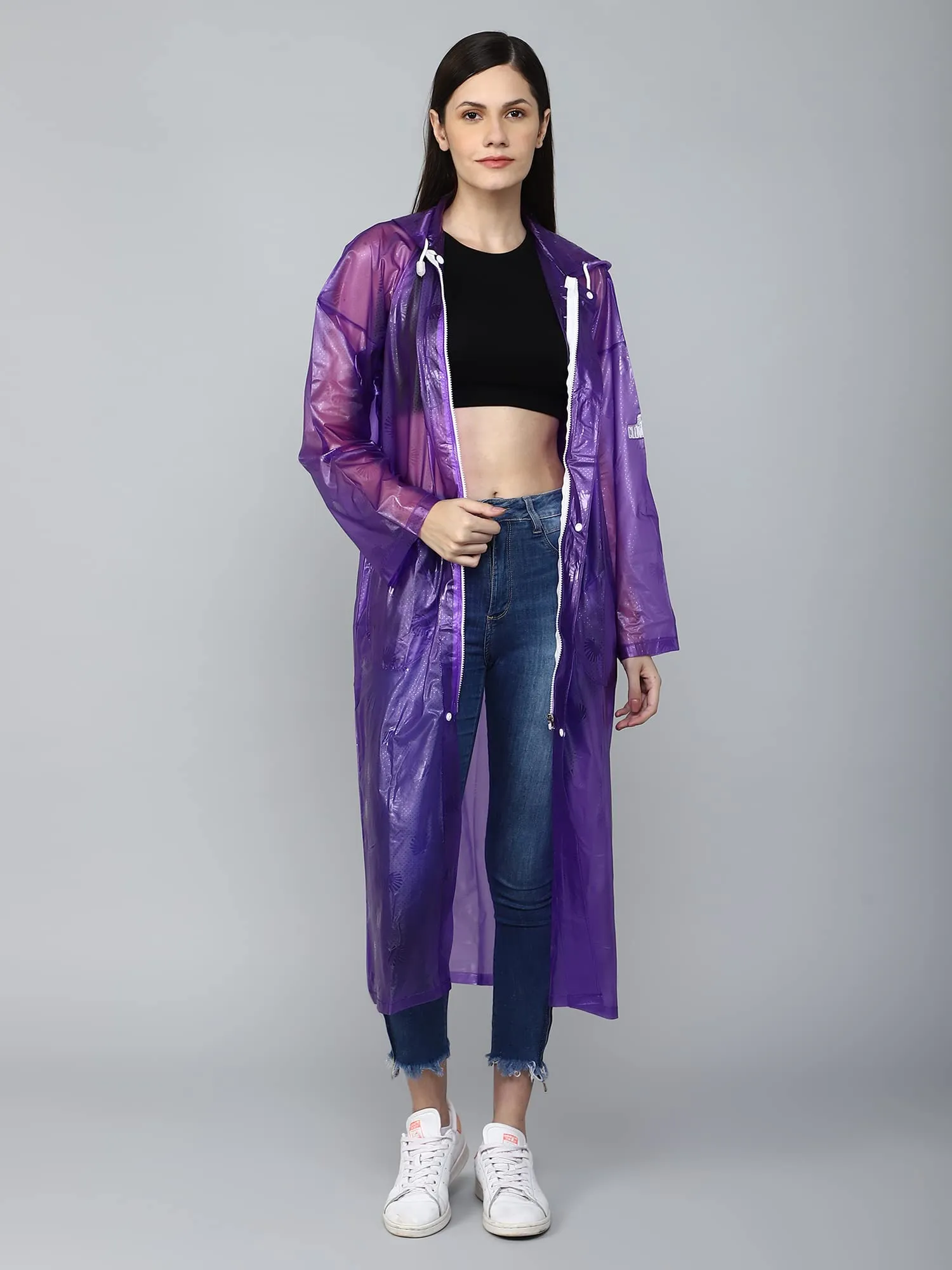 THE CLOWNFISH Cindrella Series Womens Waterproof PVC Self Design Longcoat/Raincoat with Adjustable Hood (Purple, XX-Large)