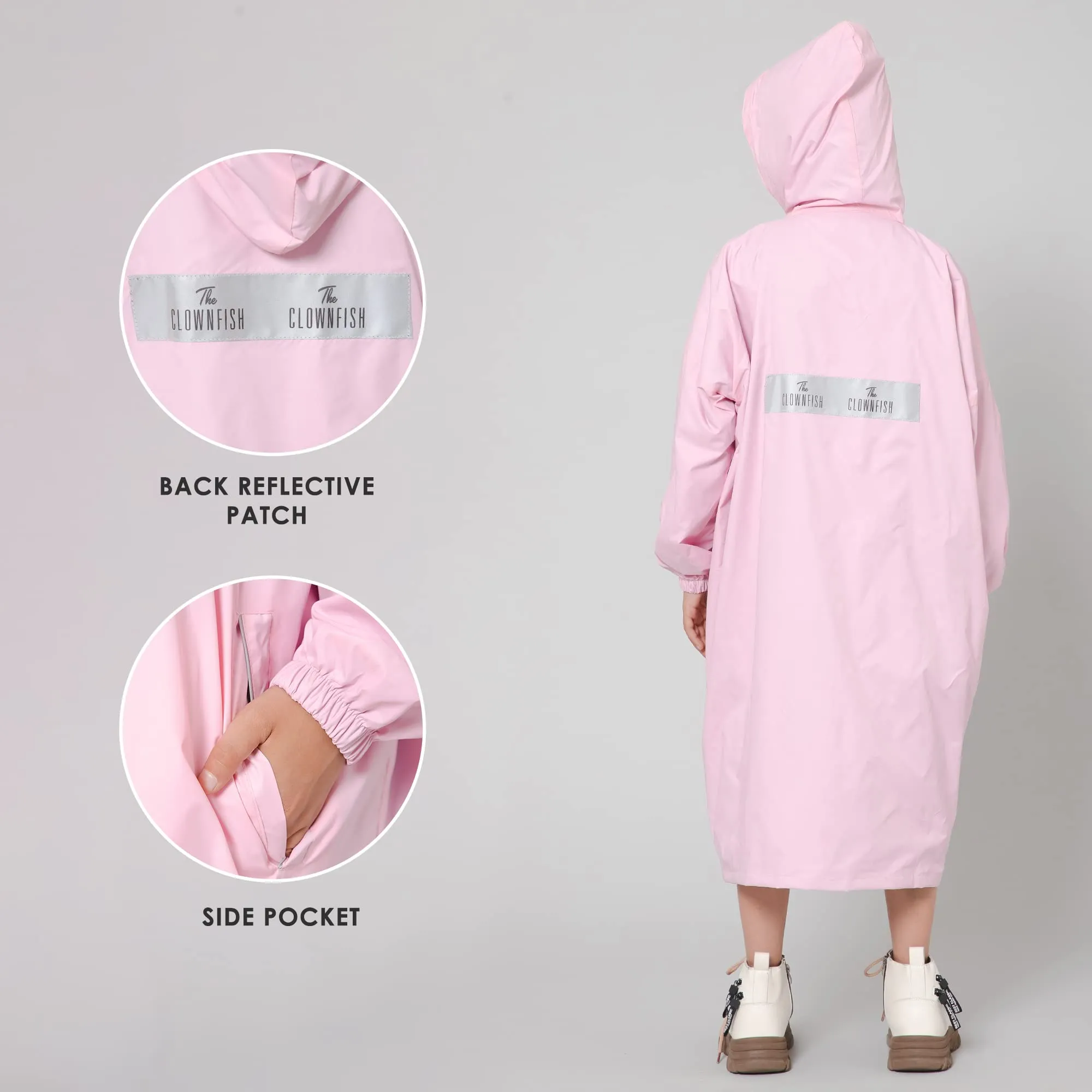 THE CLOWNFISH Cloud Chaser Series Kids Raincoat Waterproof Polyester Double Coating Reversible Longcoat with Hood and Reflector Logo at Back. Printed Plastic Pouch. Kid Age-7-8 years (Blush Pink)