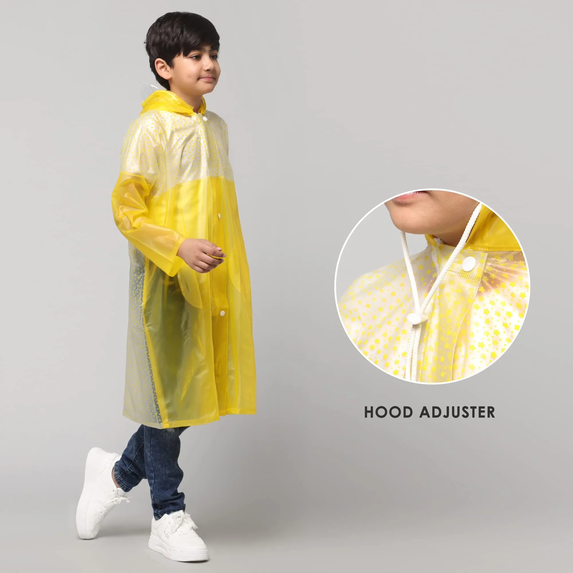 THE CLOWNFISH Drip Dude Series Unisex Kids Waterproof Single Layer PVC Longcoat/Raincoat with Adjustable Hood. Age-3-4 Years (Lemon Yellow)