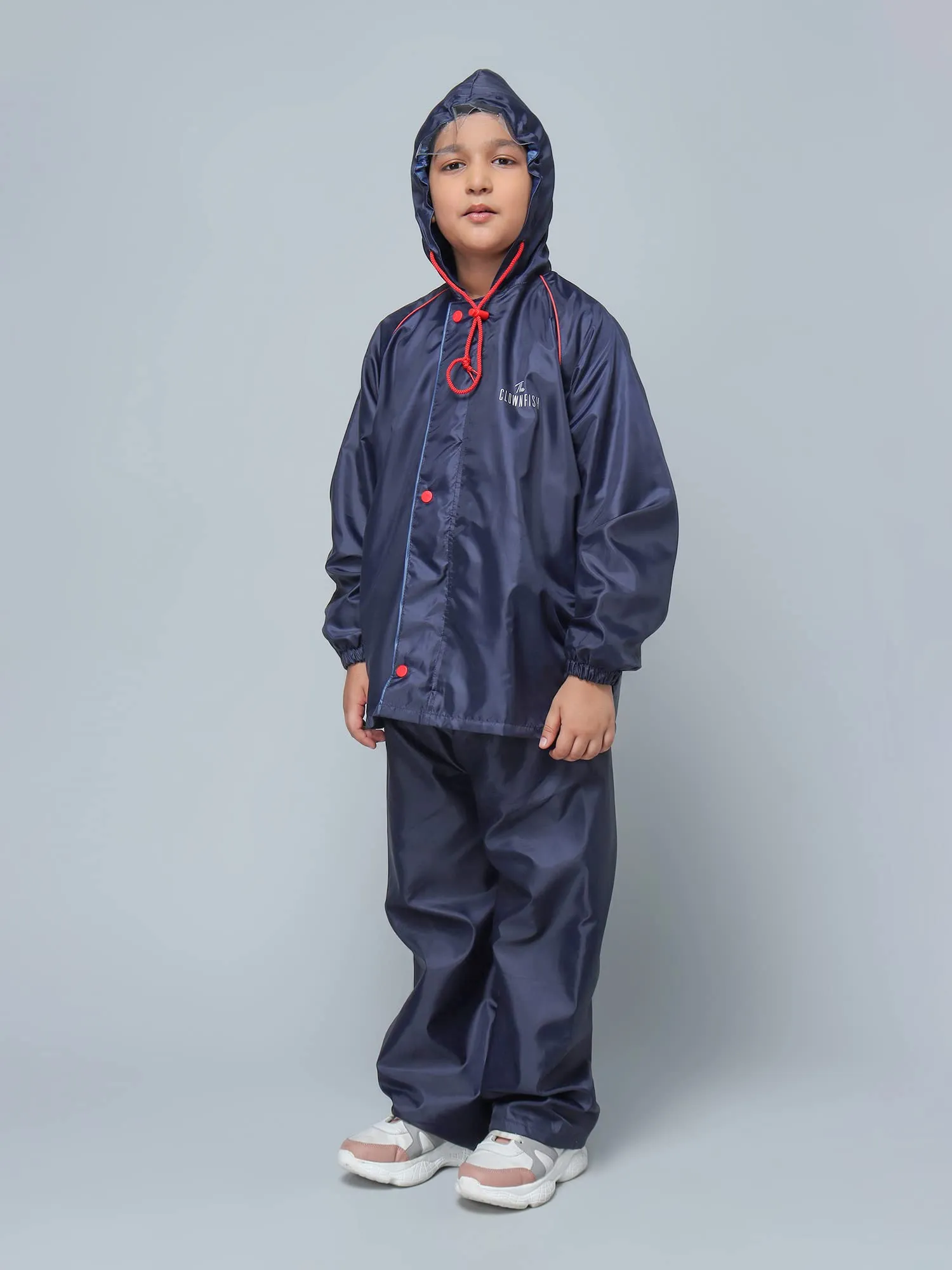 THE CLOWNFISH Duke Series Kids Waterproof Polyester Double Coating Reversible Raincoat with Hood and Reflector Logo at Back. Set of Top and Bottom. Printed Plastic Pouch. Kid Age-11-13 years (Blue)