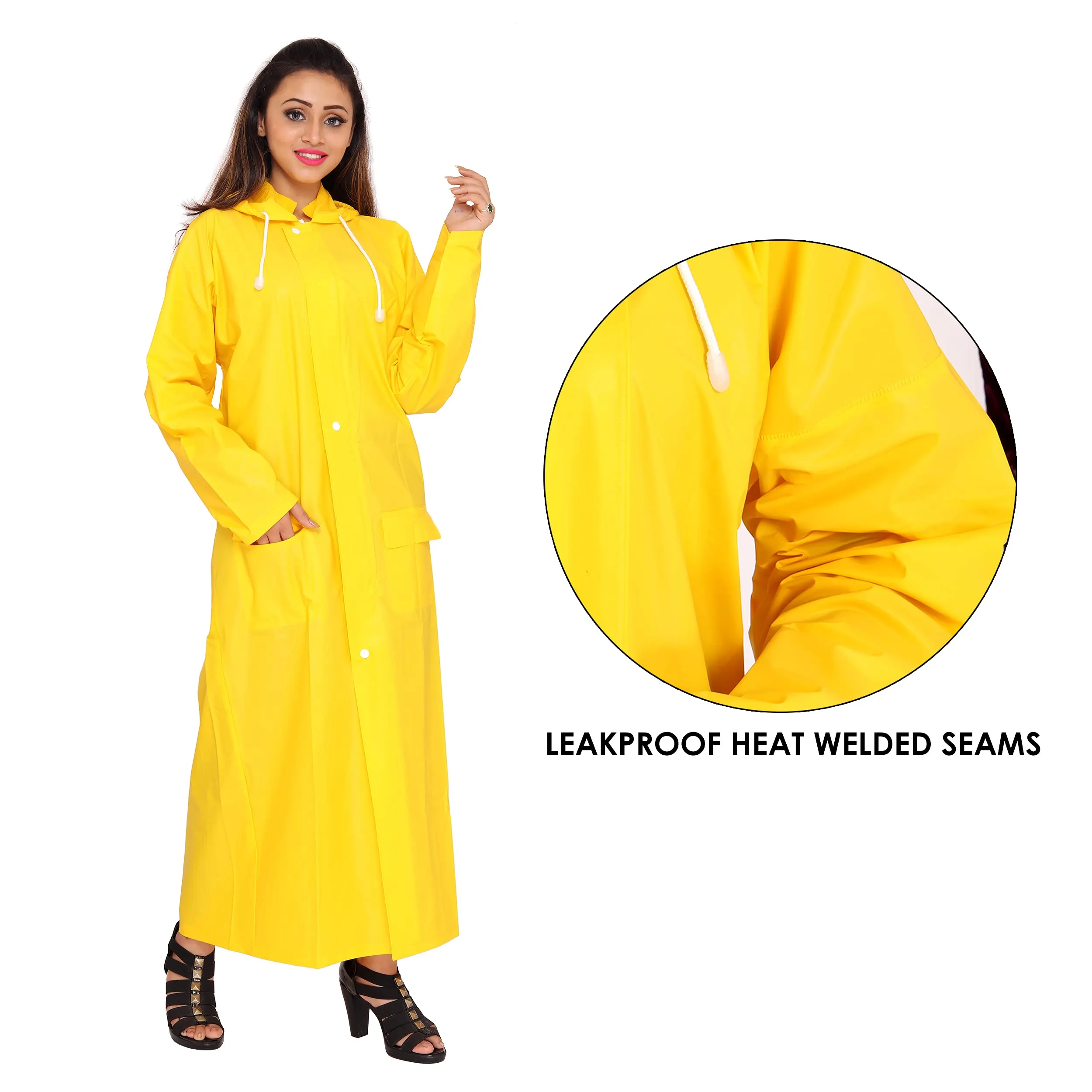 THE CLOWNFISH Indus Series Women's Waterproof PVC Raincoat/Longcoat with Adjustable Hood- With Storage Bag (Yellow, XL)