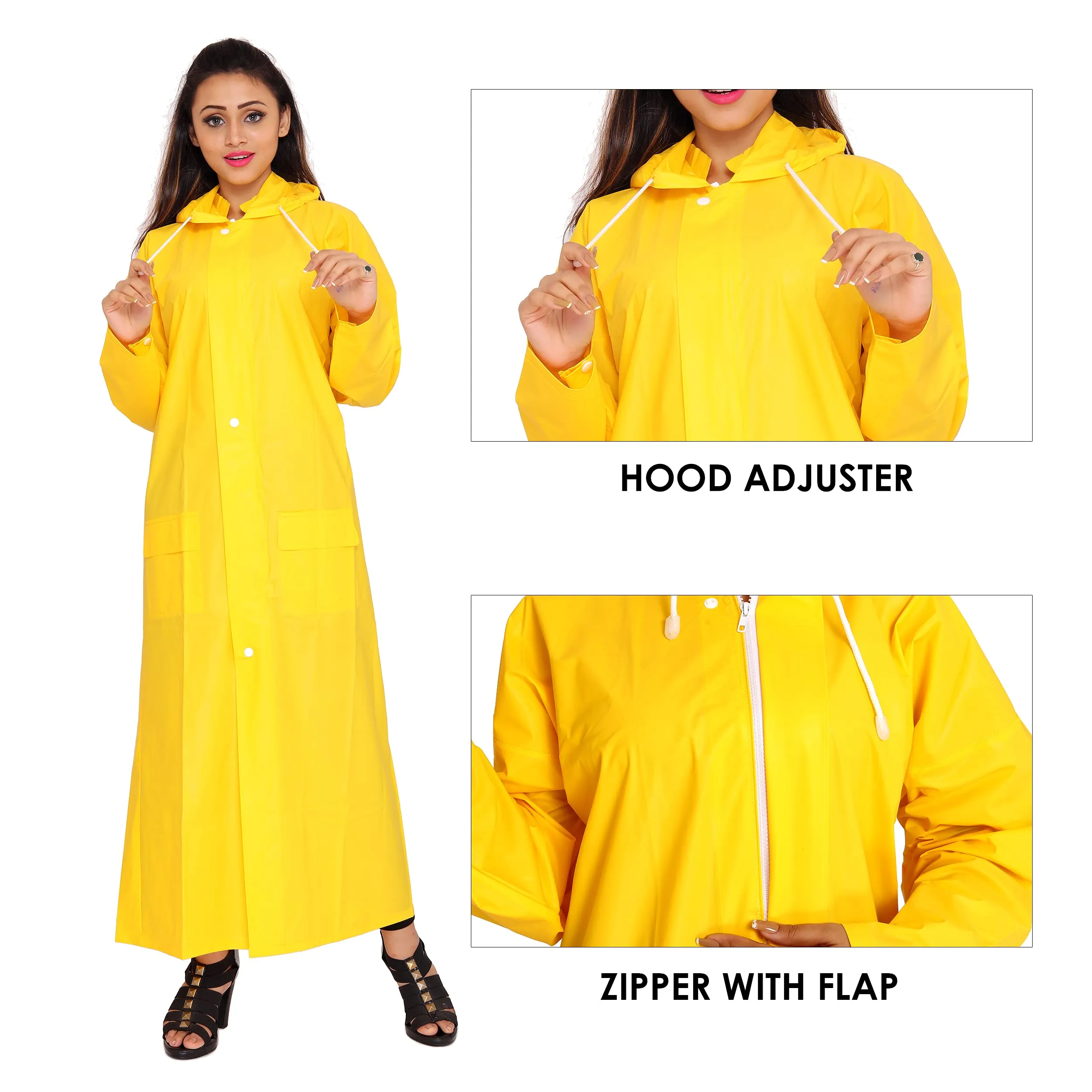 THE CLOWNFISH Indus Series Women's Waterproof PVC Raincoat/Longcoat with Adjustable Hood- With Storage Bag (Yellow, XL)