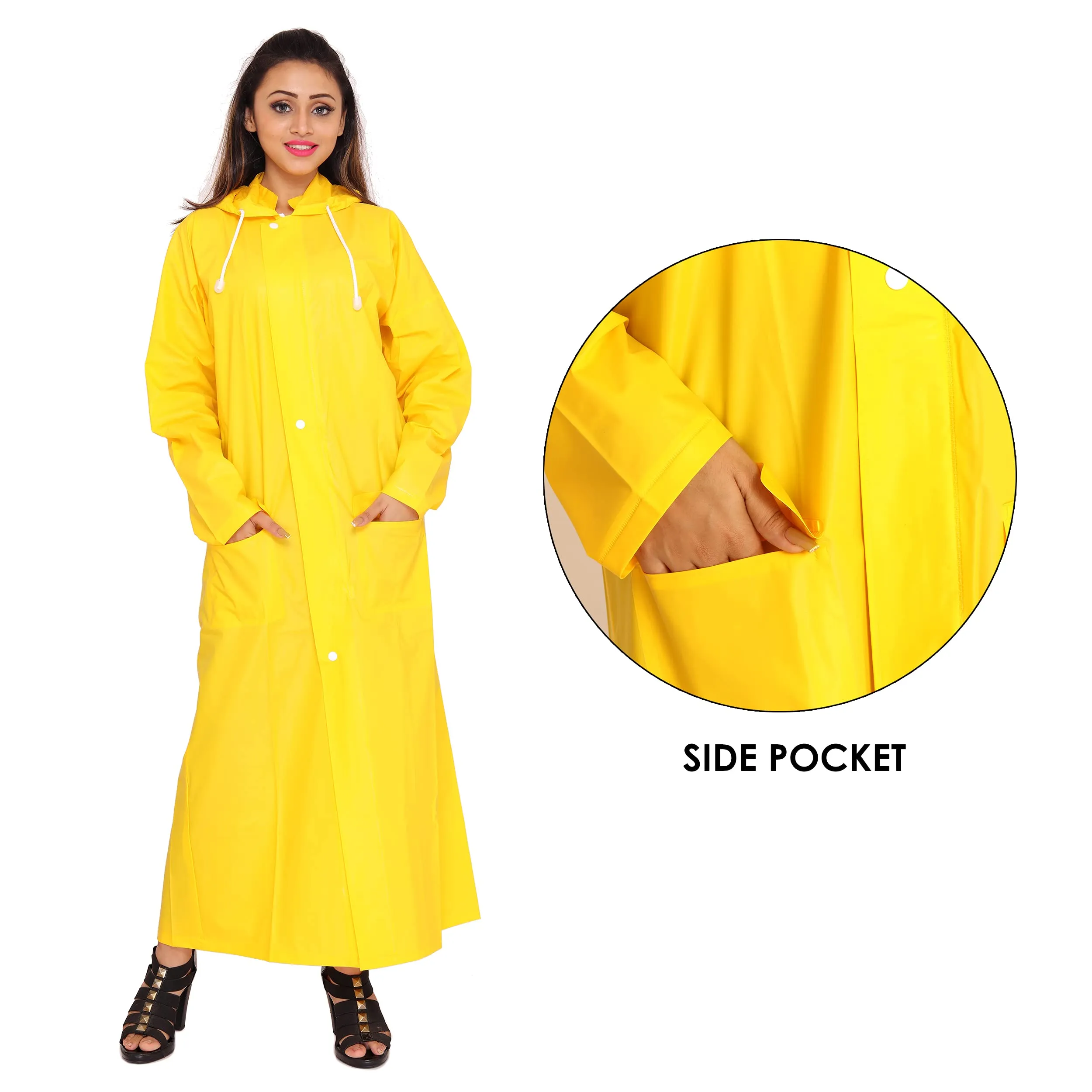 THE CLOWNFISH Indus Series Women's Waterproof PVC Raincoat/Longcoat with Adjustable Hood- With Storage Bag (Yellow, XL)