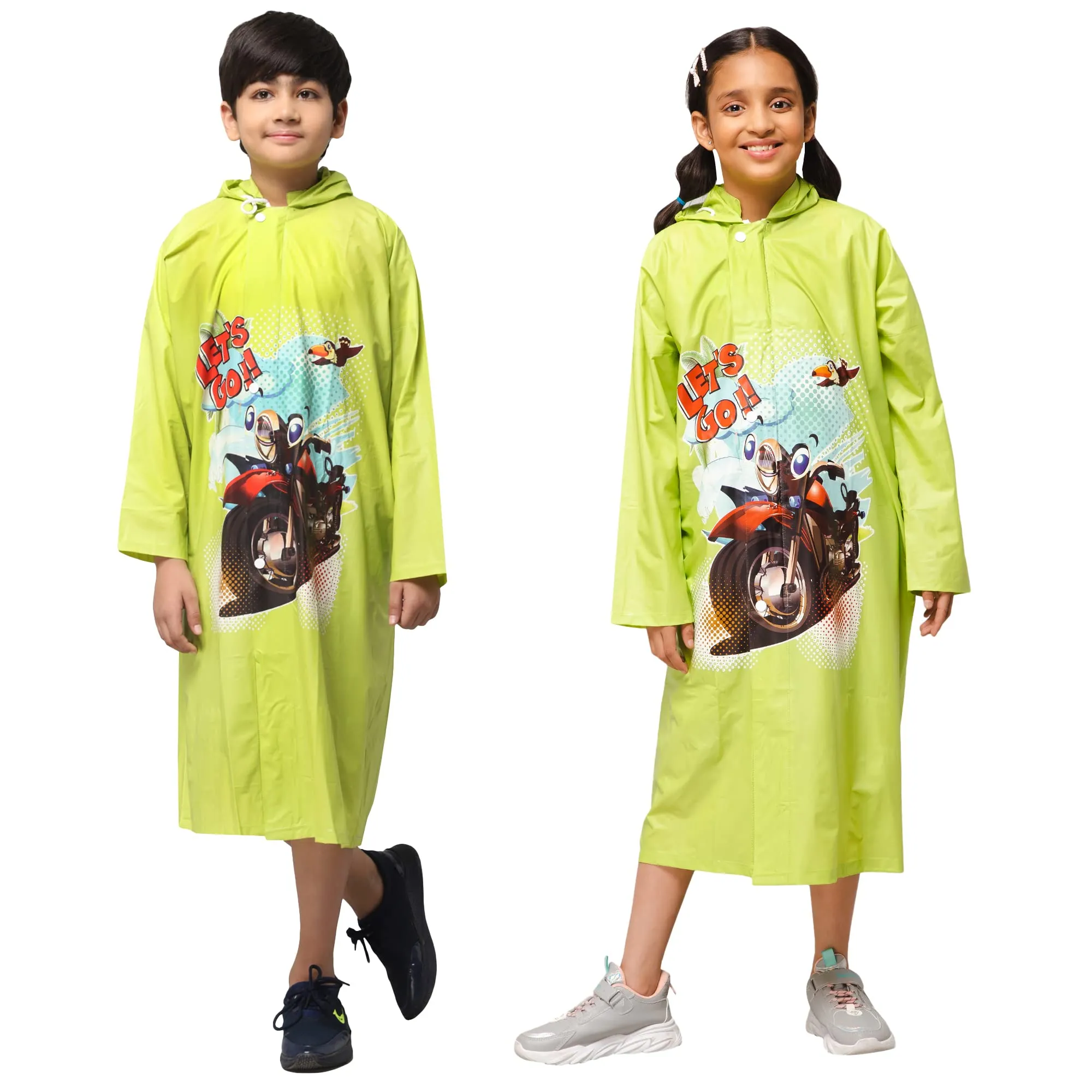 THE CLOWNFISH Men Toon Caper Series Kids Waterproof Pvc Maxi Longcoat With Adjustable Hood & Extra Space For Backpack/Schoolbag Holding. Printed Plastic Pouch. Kid Age-5-6 Years (Lime)