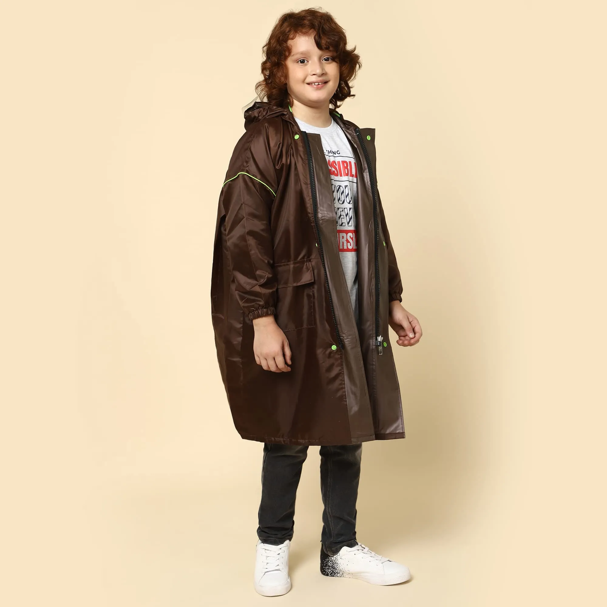 THE CLOWNFISH Oliver Series Kids Waterproof Polyester Double Coating Reversible Longcoat with Hood and Reflector Logo at Back. Printed Plastic Pouch. Kid Age-10-11 years (Brown)