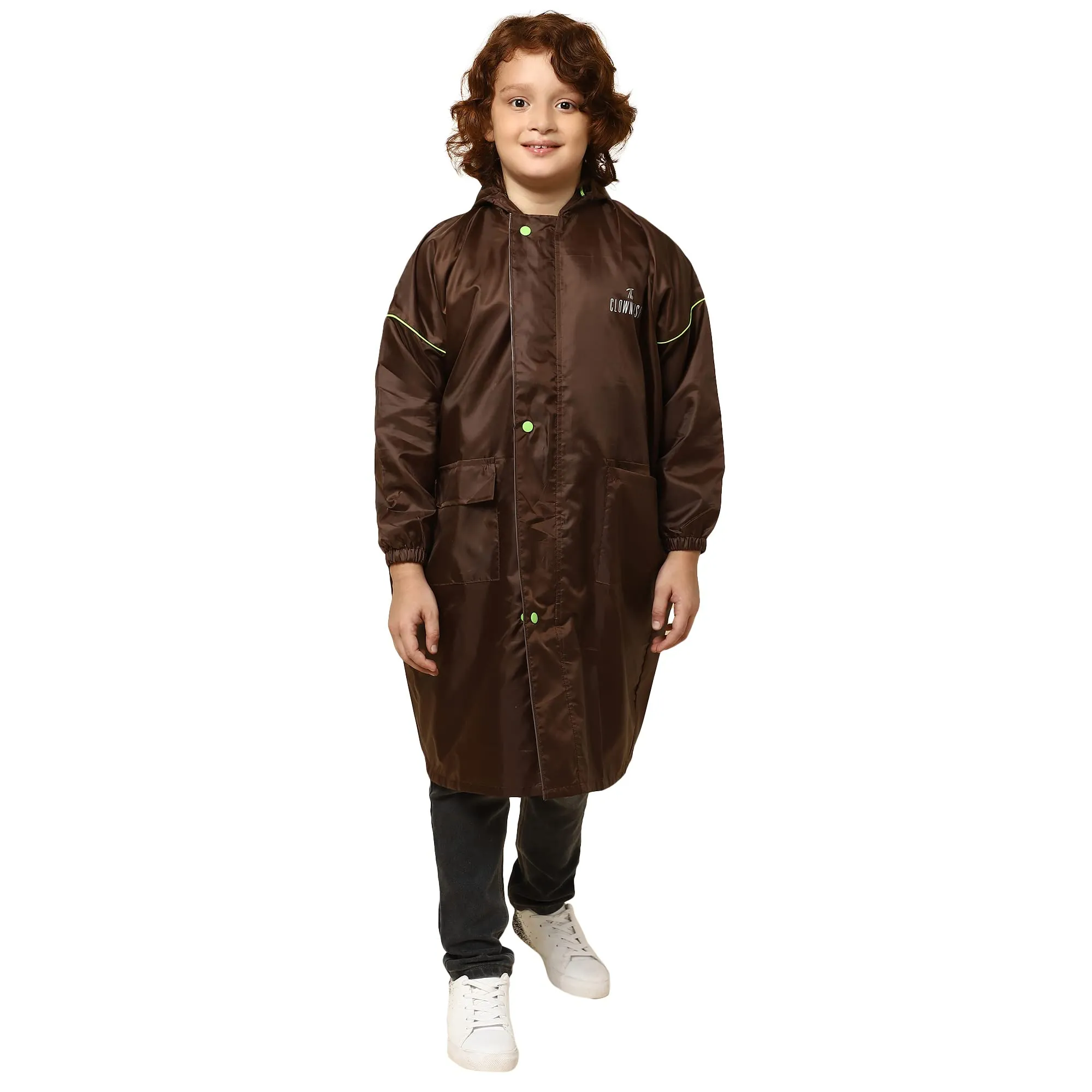 THE CLOWNFISH Oliver Series Kids Waterproof Polyester Double Coating Reversible Longcoat with Hood and Reflector Logo at Back. Printed Plastic Pouch. Kid Age-10-11 years (Brown)