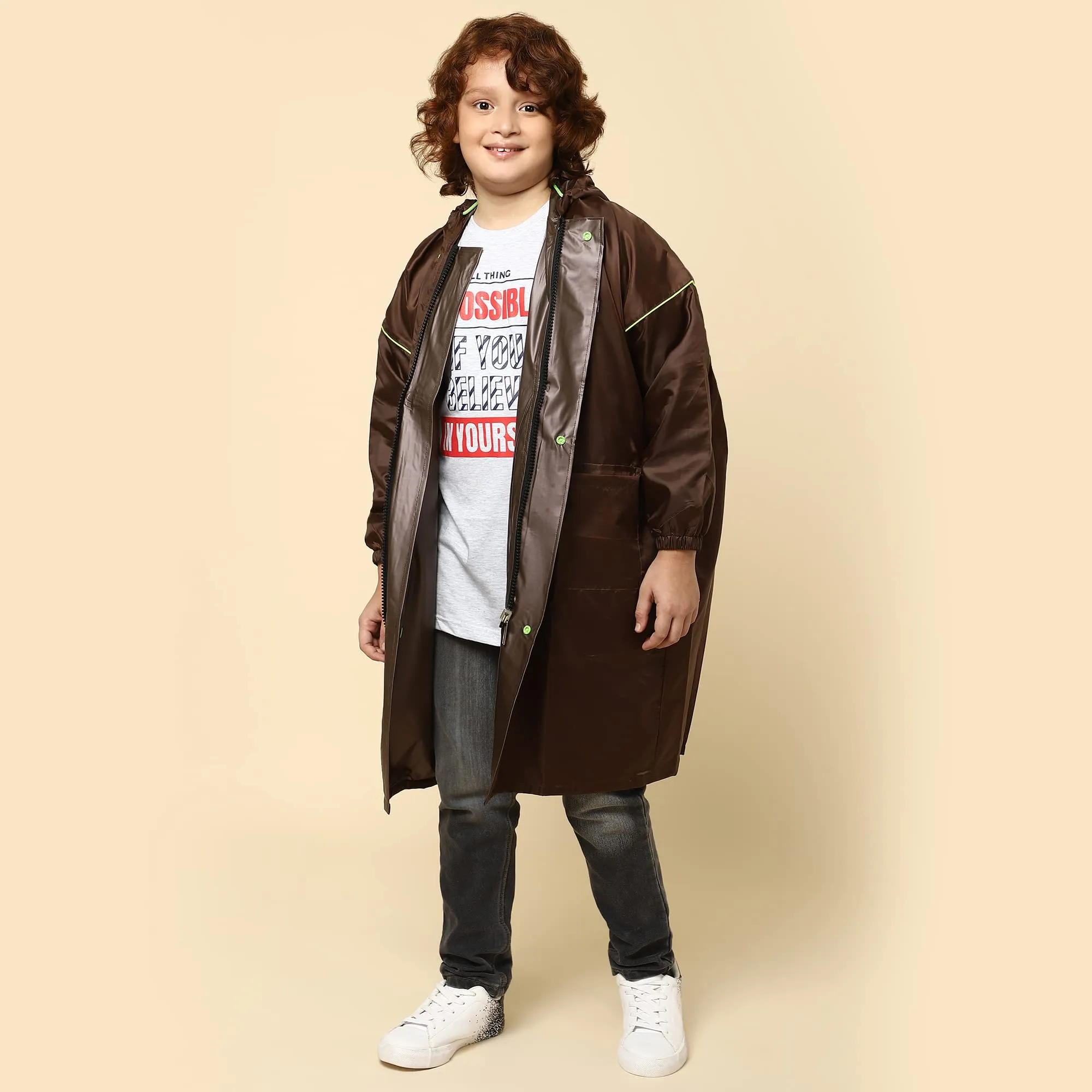 THE CLOWNFISH Oliver Series Kids Waterproof Polyester Double Coating Reversible Longcoat with Hood and Reflector Logo at Back. Printed Plastic Pouch. Kid Age-10-11 years (Brown)