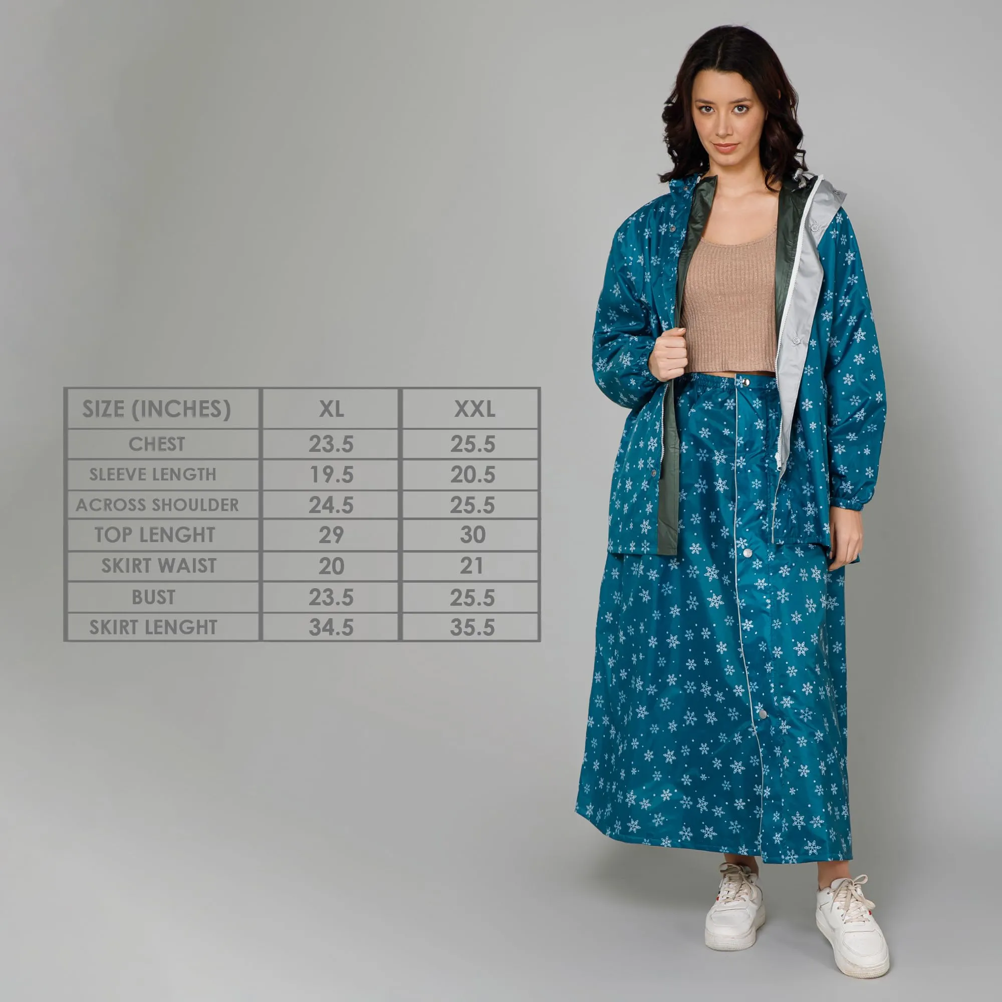 THE CLOWNFISH Polyester Waterproof Rain Coat For Women Skirt and Top Raincoat With Adjustable Hood and Front Pockets Rain Glam Series (Turquoise Blue Floral, X-Large)