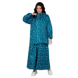 THE CLOWNFISH Polyester Waterproof Rain Coat For Women Skirt and Top Raincoat With Adjustable Hood and Front Pockets Rain Glam Series (Turquoise Blue Floral, X-Large)