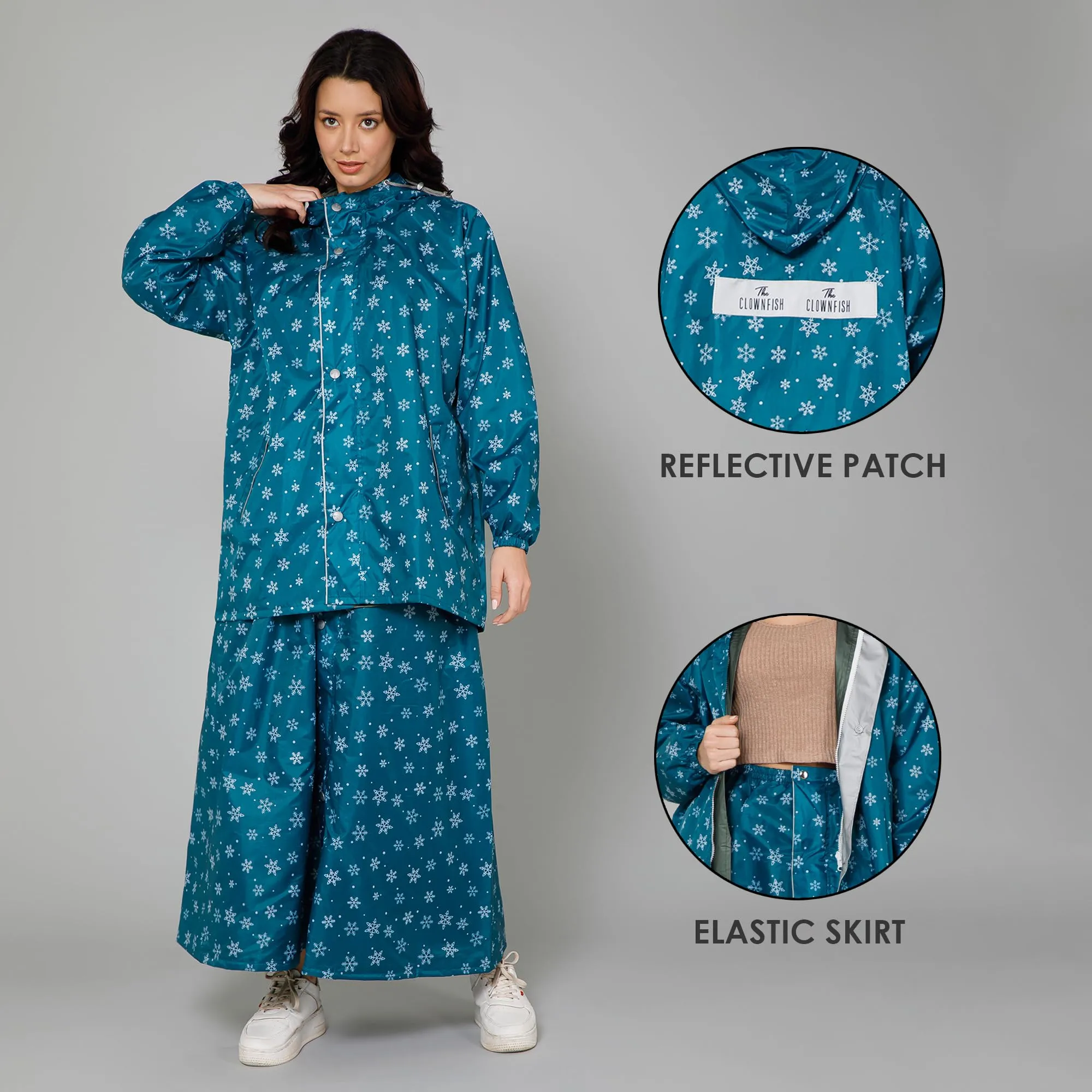 THE CLOWNFISH Polyester Waterproof Rain Coat For Women Skirt and Top Raincoat With Adjustable Hood and Front Pockets Rain Glam Series (Turquoise Blue Floral, X-Large)