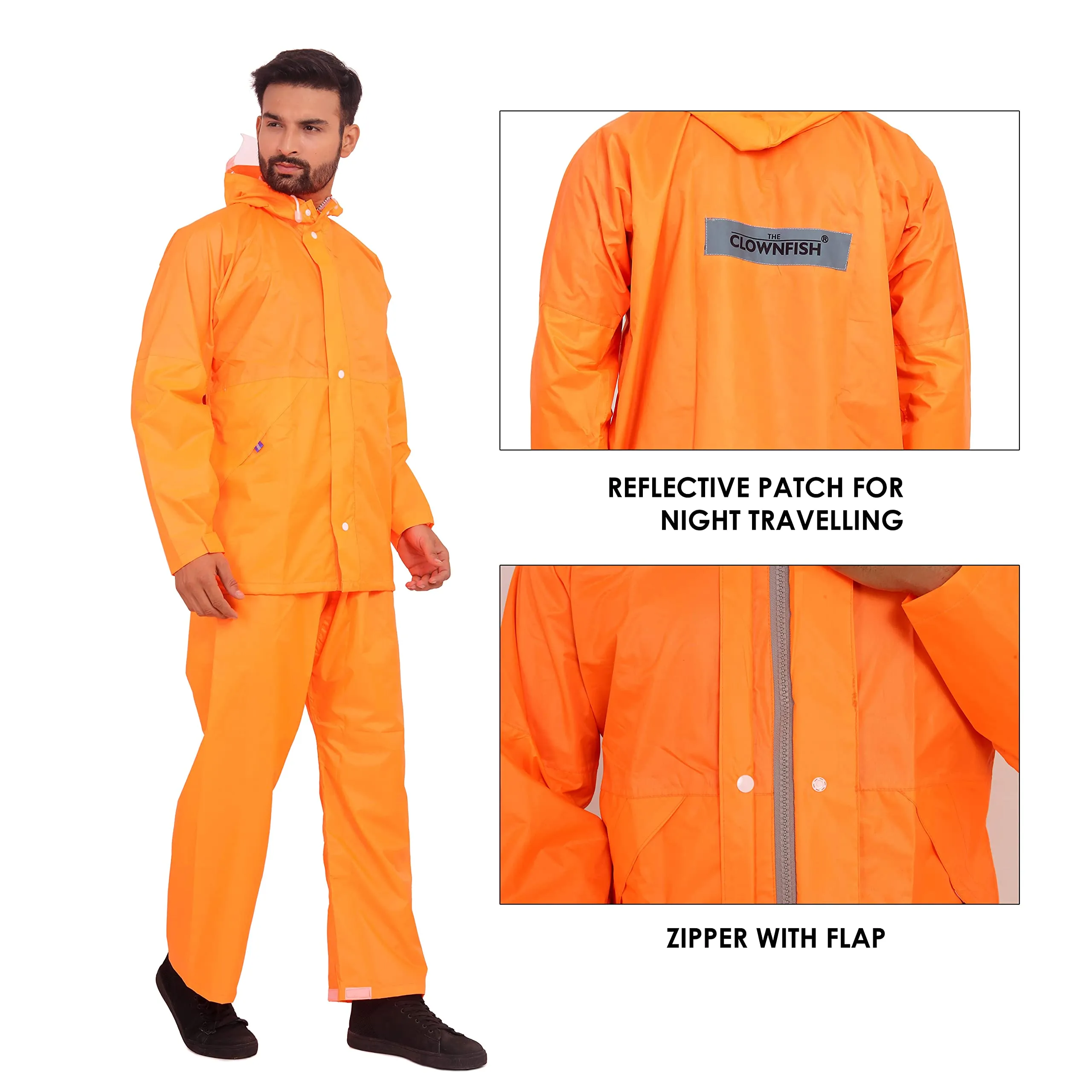 THE CLOWNFISH Rain Coat for Men Waterproof for Bike Raincoat for Men with Hood. Set of Top and Bottom. Classic Series (Orange, XX-Large)