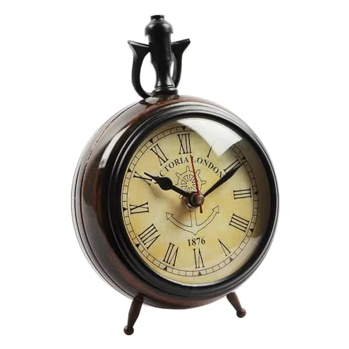 Thomson Handicraft Handmade Antique Wooden Table Top Clock Desk Clock Nautical Style Roman Number Home & Office Study Living Room Decoration Gift Item (Brown)