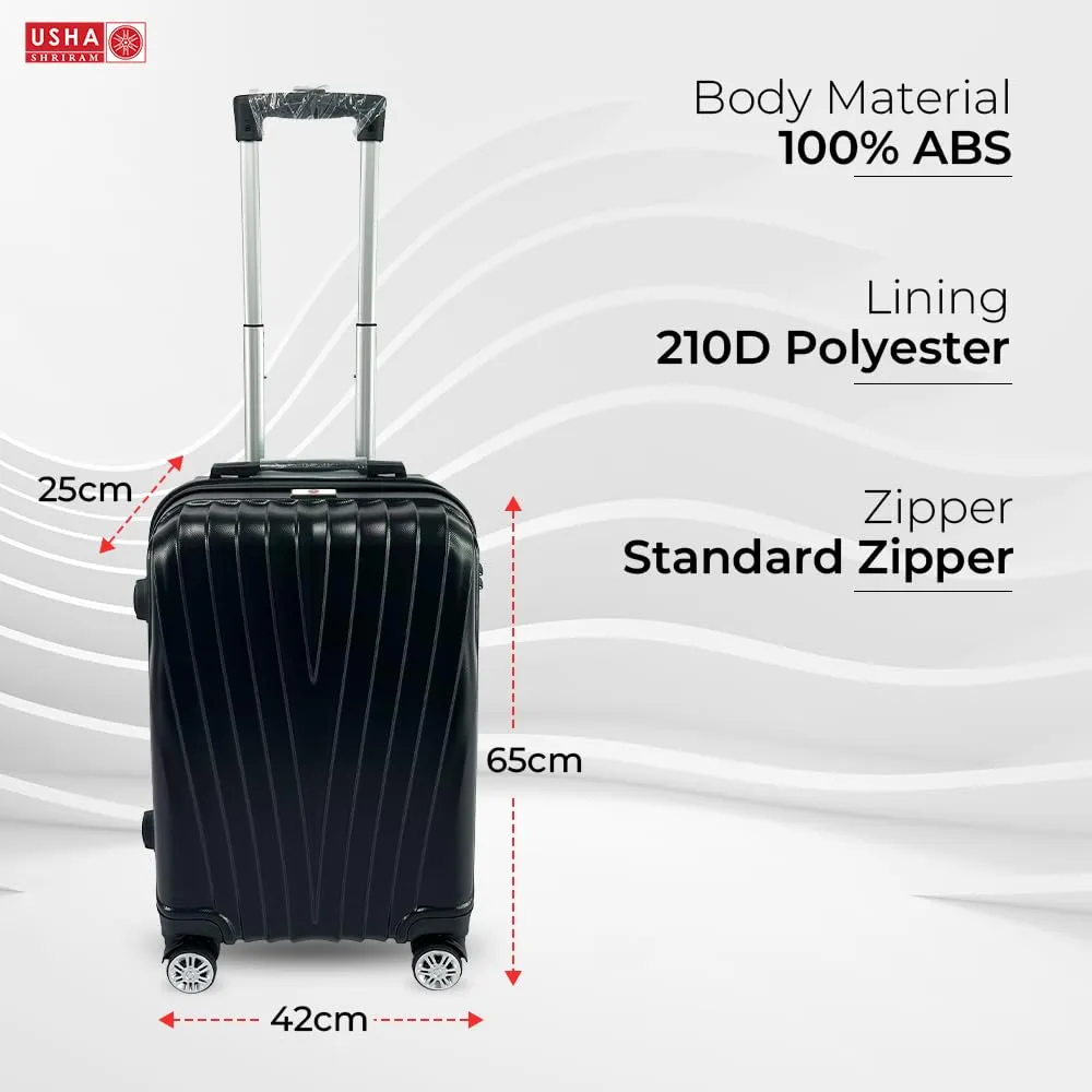 USHA SHRIRAM ABS (Check-in Bag) 24 inch Luggage Bag (65cm) |Trolley Suitcase for Travel | Travel Luggage for Men Women |360 Degree Wheel | Travel Bags for Luggage Trolley Carry On Suitcase (Black)