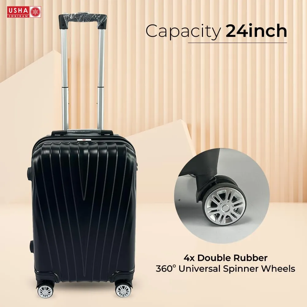 USHA SHRIRAM ABS (Check-in Bag) 24 inch Luggage Bag (65cm) |Trolley Suitcase for Travel | Travel Luggage for Men Women |360 Degree Wheel | Travel Bags for Luggage Trolley Carry On Suitcase (Black)