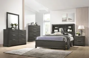 Valery Queen Bed w/Bookcase Headboard, Gray Oak