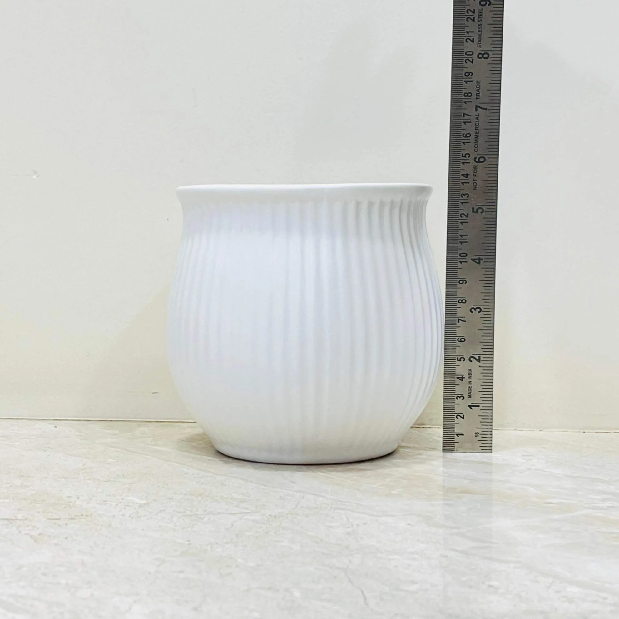 White Ceramic Indoor Planter with Ribbed Pattern